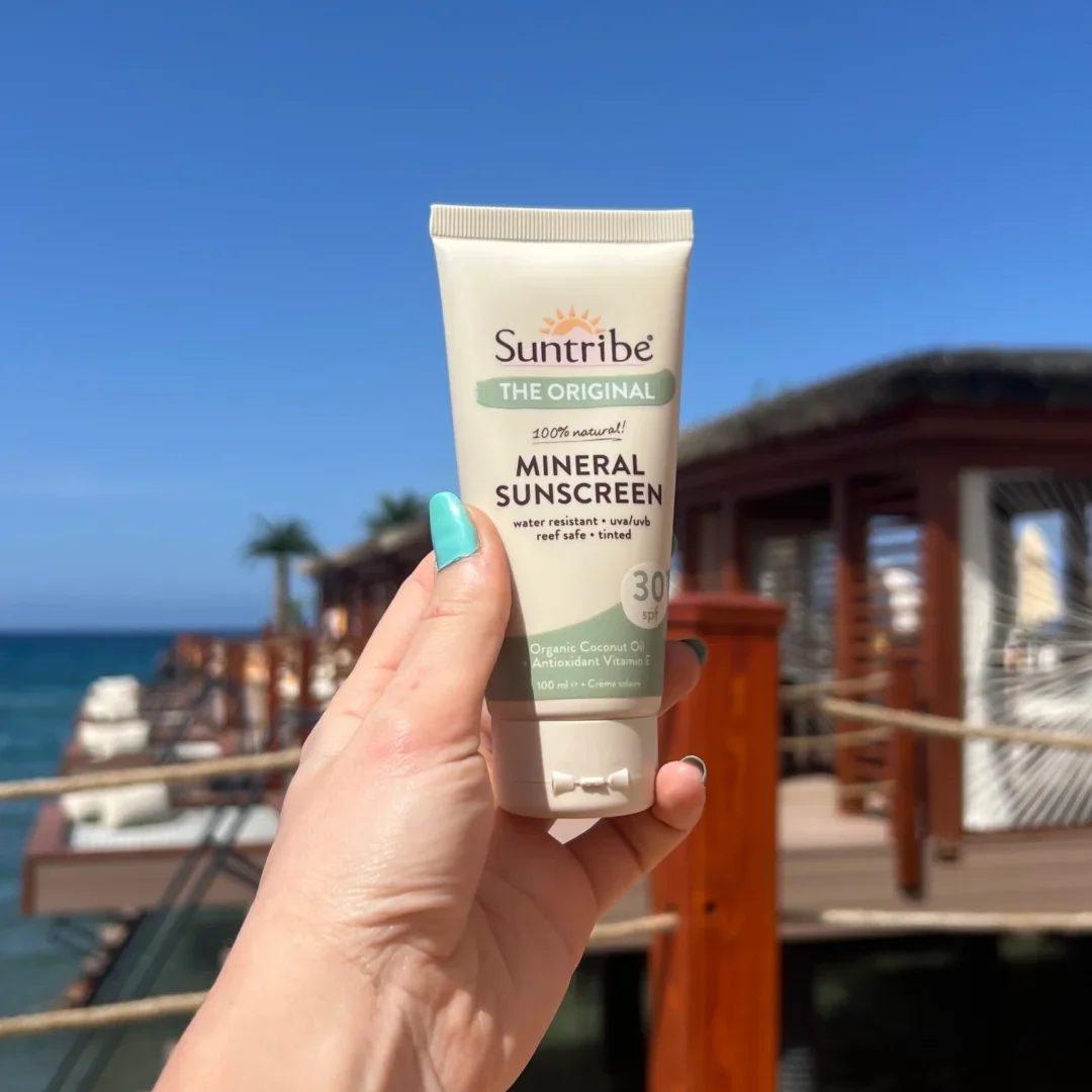 Suntribe Organic Mineral Sunscreen SPF30 Tinted Reef-safe on the beach